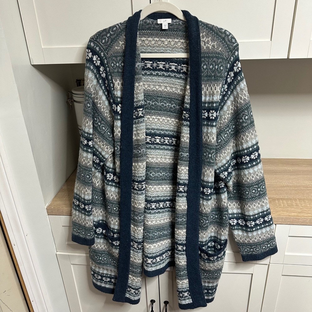 J. Jill Cardigan Sweater Womens 2X Fair Isle Open Front Longline Duster Nordic